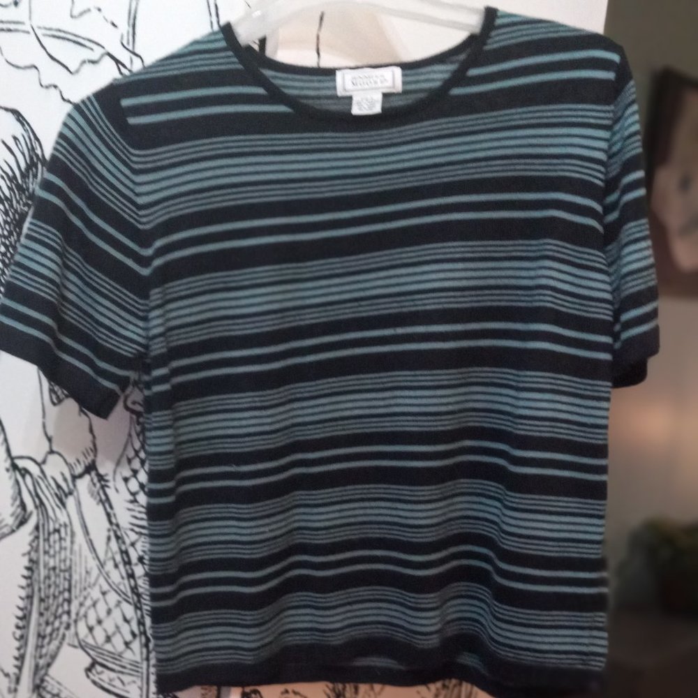 Blue and Black Striped Sweater, lightweight, short sleeves, size L, pre-owned